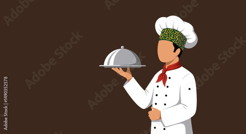 Professional Chef Holding Silver Serving Tray Against Brown Background Showing Culinary Presentation