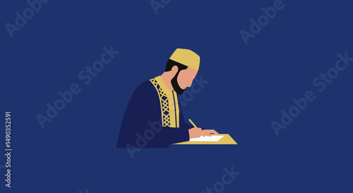 Silhouette Of A Muslim Man In Traditional Clothing Writing In A Book Against Blue Background