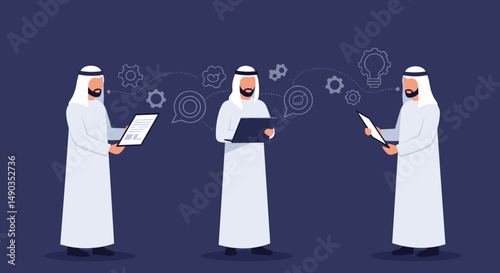 Three Arab Men in White Attire Conducting Business with Digital Devices against a Blue Background Pixelated Illustration
