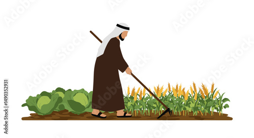 Traditional Arab Farmer Cultivating Field with Plants and Vegetables in a White Background