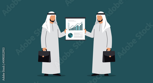 Two Arab Businessmen Examining Financial Report in White Thobes with Briefcases on Teal Background
