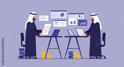 Two Arab Businessmen In Traditional Attire Working Collaboratively With Digital Devices And Documents In A Modern Office