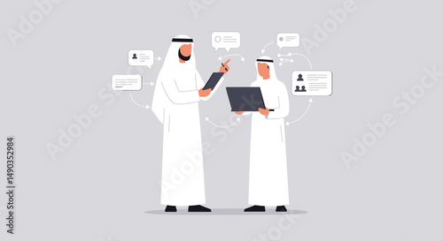Two Arab Businessmen In White Traditional Clothes Discussing Project Details Using Laptop And Digital Tablet On Grey Background
