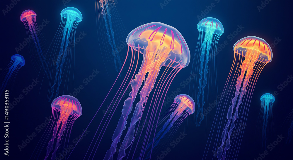Fototapeta premium Glowing jellyfish underwater