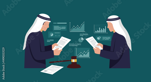 Two Arab Men Examining Documents Beside Gavel And Charts In A Teal Colored Background