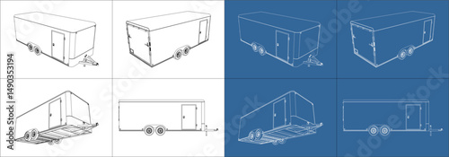 20 feet trailer enclosed line technical drawing blueprint, vector illustration in transparent background
