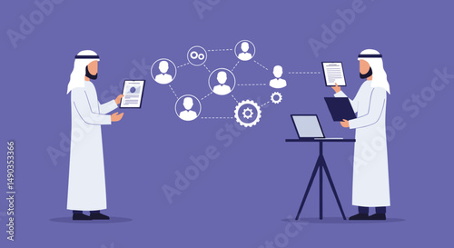 Two Arab Men in White Robes Using Digital Devices with Networked People Icons on Purple Background