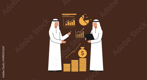 Two Arab Men in White Attire Discussing Business Data Charts and Financial Growth on a Brown Background
