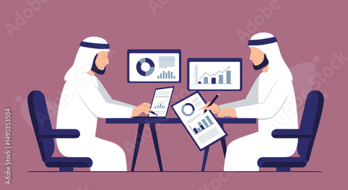 Two Arab Men in White Traditional Attire Analyzing Data Charts at a Meeting in Pixelated Illustration Style