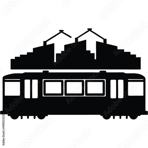 the silhouette of a city tram with multiple connected cars