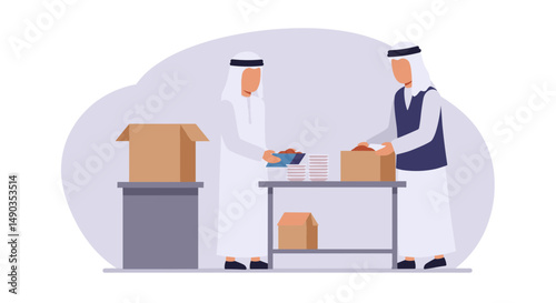Two Arab Men Wearing Traditional White Thobes Packing Items Into Cardboard Boxes on a Table with a Gray Background