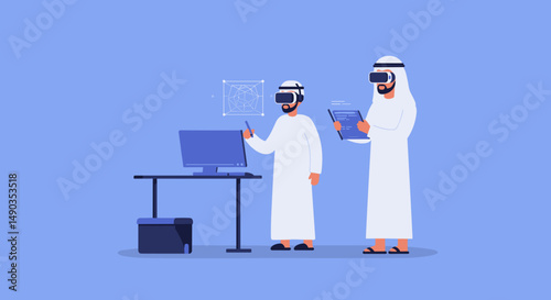 Two Arab Men Wearing Virtual Reality Headsets Working With A Computer And Tablet In A Pixelated Blue Environment