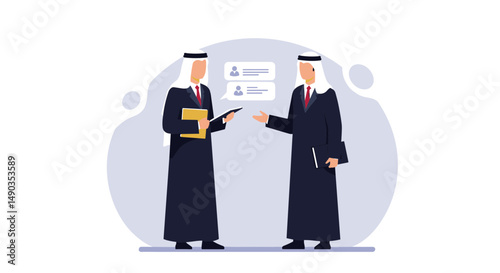 Two Businessmen In Black Suits Discussing Data On A Tablet With A White Background