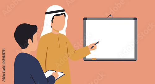 Two Men in Business Attire Discussing Ideas Near a Whiteboard Against a Coral Background