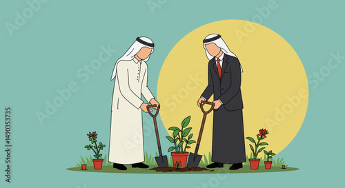 Two Men in Traditional and Formal Attire Planting a Tree with a Shovel Against a Green and Yellow Background