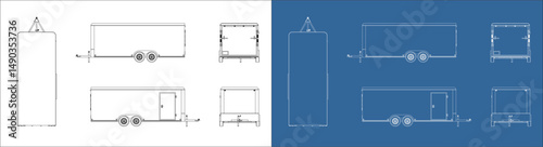 Set 20' trailer. Blueprint and wireframe mesh art. 8.5x20 feet Recreational Vehicle RV concept illustration with all side isolated on a transparent background.