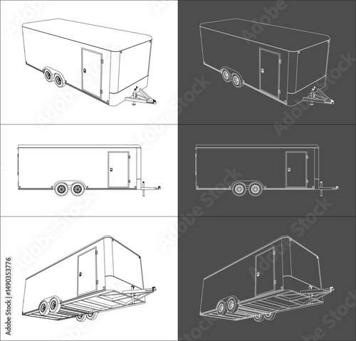 Trailer 20' enclosed line drawing 8.5x20 feet technical blueprints illustration vector. isolated on transparent background
