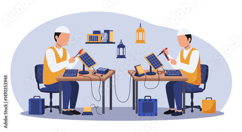 Two Men In White And Yellow Work Uniforms Repairing Solar Panels At Wooden Tables Under Lanterns With Blue Background