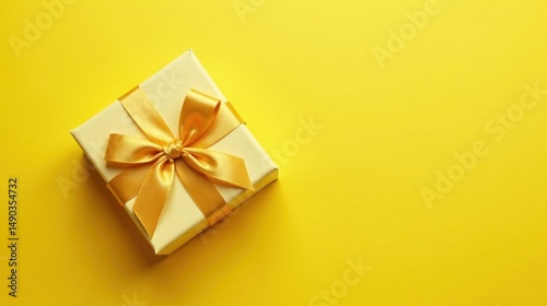 A luxuriously wrapped gift box, tied with a golden ribbon, rests on a vibrant yellow background, symbolizing celebration and joy.