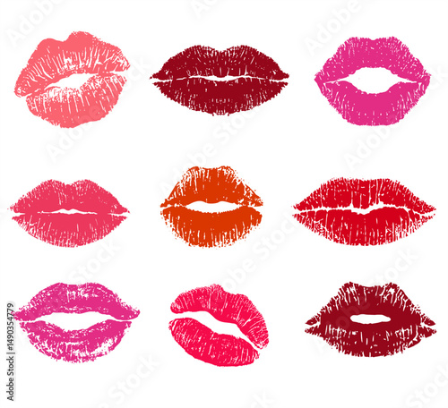 Lipstick kiss print isolated set. red lips set. Different shapes of female sexy pink and red lips. Sexy lips makeup, kiss mouth. Female mouth. Print of lips kiss background
