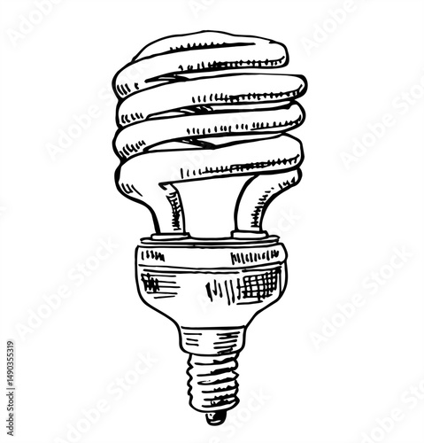 Economic twisted lamp. Sketch. Lighting equipment with base. Ecology and savings. Hand drawn illustration isolated in white background