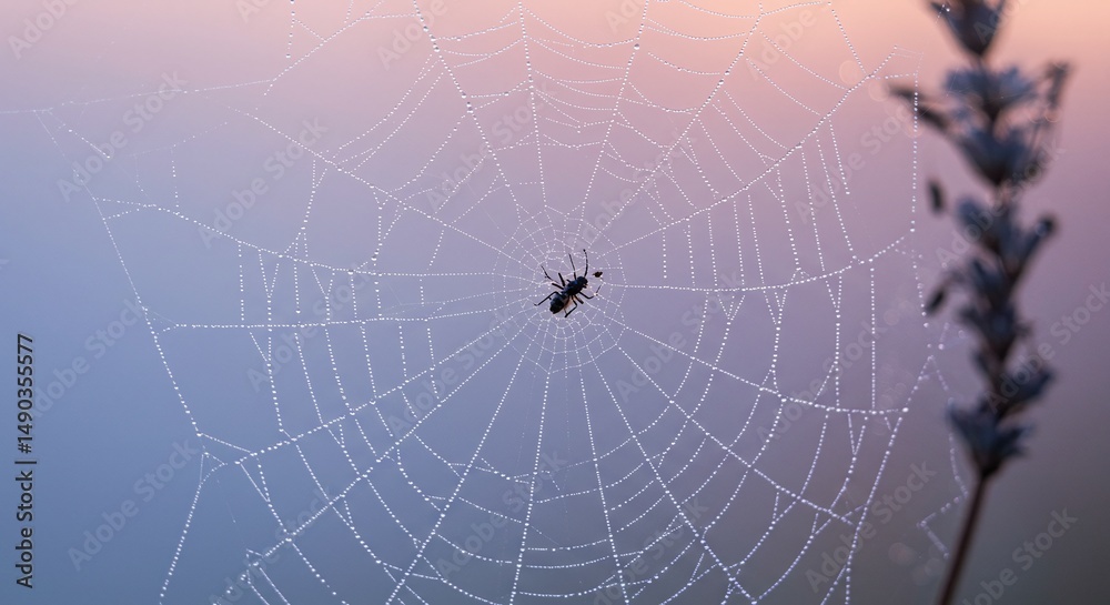 Obraz premium Close-Up of Dew-Covered Spiderweb at Sunrise