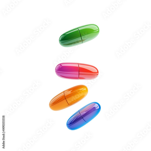 Flying Colorful Pills and Capsules Isolated on Transparent Background photo