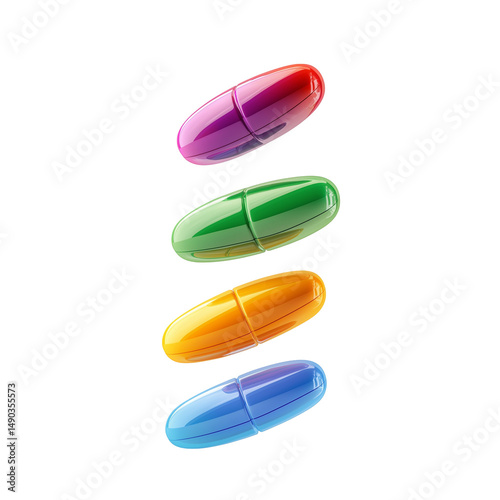 Flying Colorful Pills and Capsules Isolated on Transparent Background photo