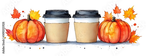Autumn coffee, pumpkins, leaves. Fall beverage