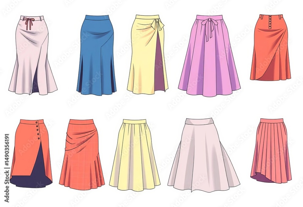Flat sketches of various women's skirts; technical CAD drawings, templates , design, ai Flat sketches of various women's skirts; technical CAD drawings, templates , design, ai
