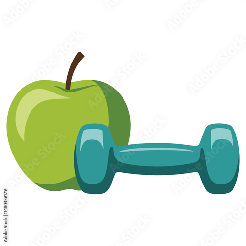 Fitness dumbbell and apple isolated vector illustration on white background