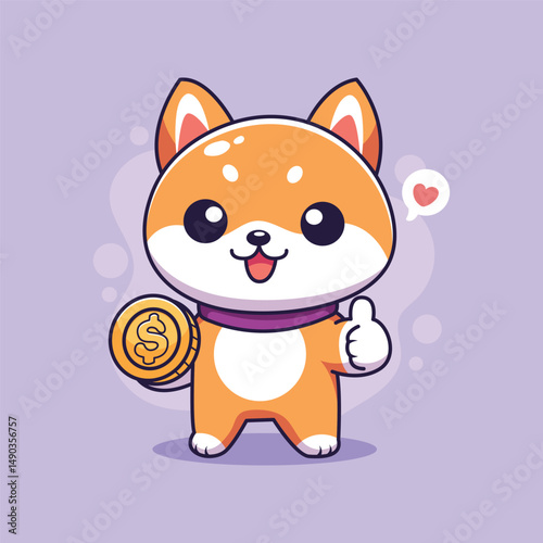 cute  Shiba Inu Character Holding Gold Coin Vector Illustration