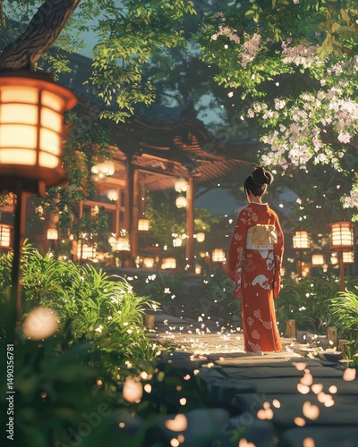 A serene, traditional garden path with a figure in kimono.