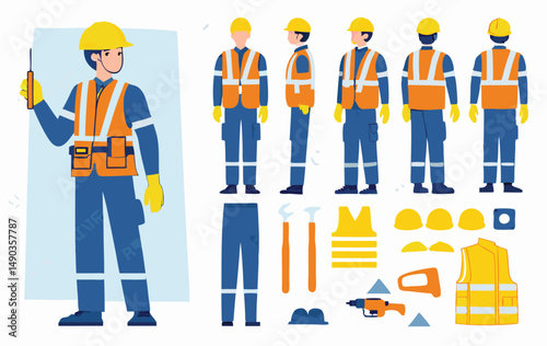 
Construction worker, builder in helmet, vest, uniform. Character constructor for animation. Front, side and back view set. Body parts, postures
