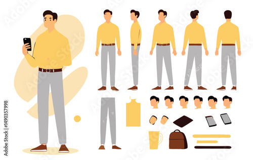 Casual business man character constructor for animation. Front, side and back view set. Body parts, postures