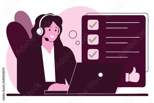 Customer service agent working on laptop checklist