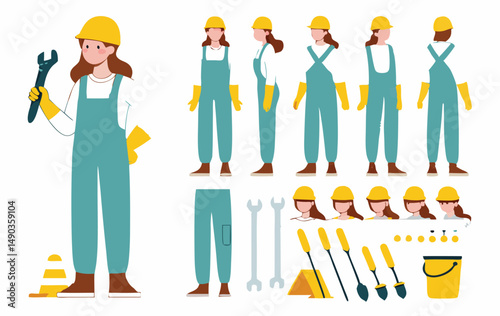 Industrial technician worker wearing helmet, overall uniform holding wrench tool. Character for animation. Front, side and back view set. Body parts, postures, poses collection