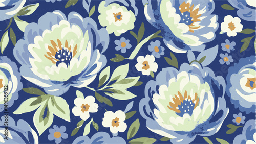 Vibrant floral pattern in shades of blue, white, and green on a navy background. A cheerful and sophisticated floral pattern featuring large, stylized blooms in shades of light blue.