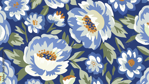 Vibrant Floral Pattern on a Deep Blue Background. A captivating, large-scale floral print design in shades of white, light blue, and muted greens, with accents of orange, on a deep navy blue.