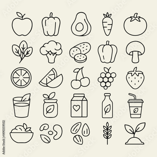 A collection of 25 clean and modern black line icons representing healthy eating and vegetarian food. Includes icons of fruits, vegetables, smoothies, salads, nuts, grains, and eco-friendly elements. 