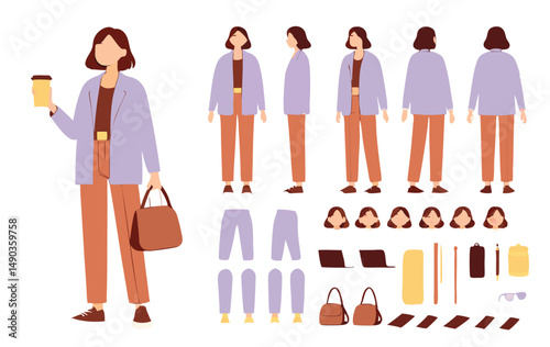 Casual business woman holding coffee cup and bag. Character constructor for animation. Front, side and back view set. Body parts, postures, poses collection