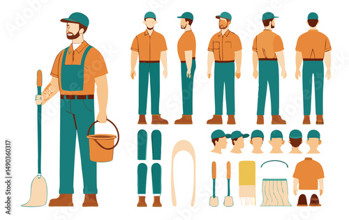 Janitor worker, cleaner wearing uniform holding mop and bucket. Character for animation. Front, side and back view set. Body parts, postures, poses collection.
