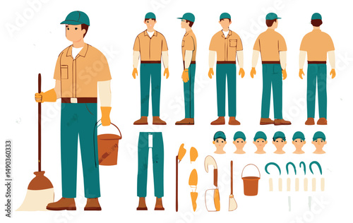 Janitor worker, cleaner wearing uniform holding mop and bucket. Character for animation. Front, side and back view set. Body parts, postures, poses collection.