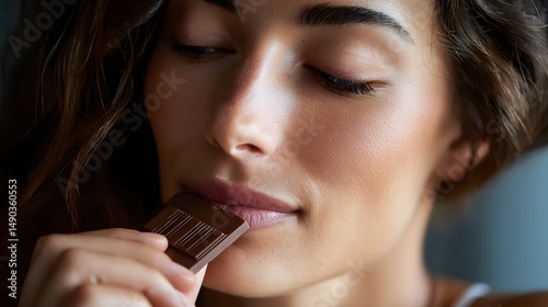 Woman eating dark chocolate bar enjoying sweet treat indulgence dessert snack cocoa cacao deliciousness