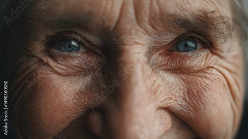 Close up portrait of elderly woman with blue eyes and wrinkles showing aging and wisdom face detail