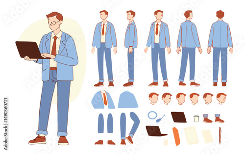 Business man holding laptop. Character constructor for animation. Front, side and back view set. Body parts, postures, poses collection