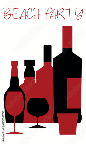 Beach party, alcohol collection flat design, black and red colors. Poster for bar, menu design, wine bottle illustration, chardonnay, white wine, rum