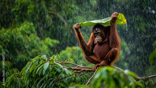 Orangutan Using Leaf as Umbrella During Tropical Rainstorm