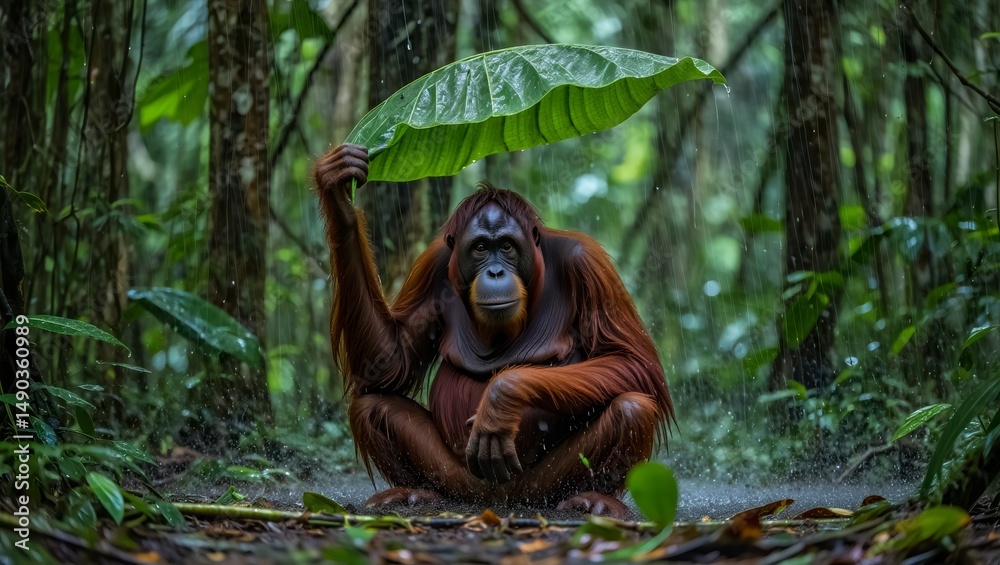 Obraz premium Orangutan Using Leaf as Umbrella During Tropical Rainstorm