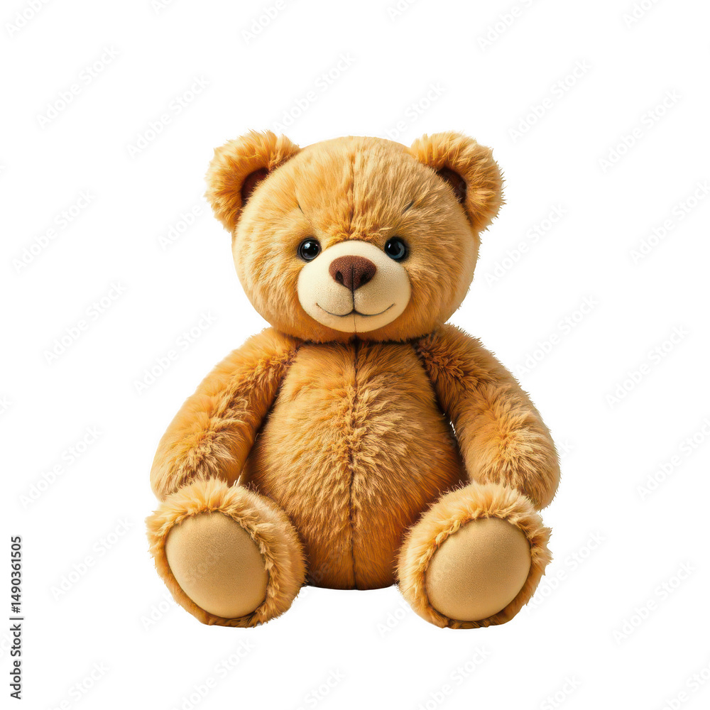 Obraz premium the image features a plush, light brown toy bear sitting upright against a solid black backdrop. the bear has rounded ears, a soft, stitched smile, and oval pads on its paws and bottom